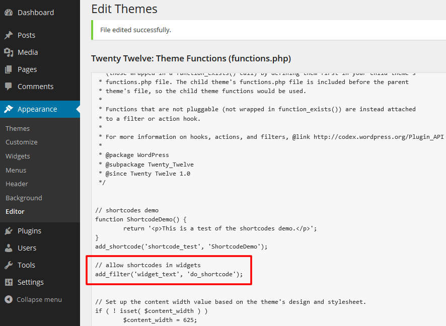 Short codes in WordPress explained 16 WordPress appearance editor screen shot