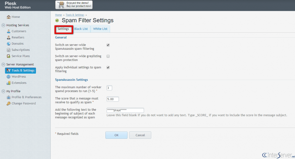 Spam Filter Settings in Plesk