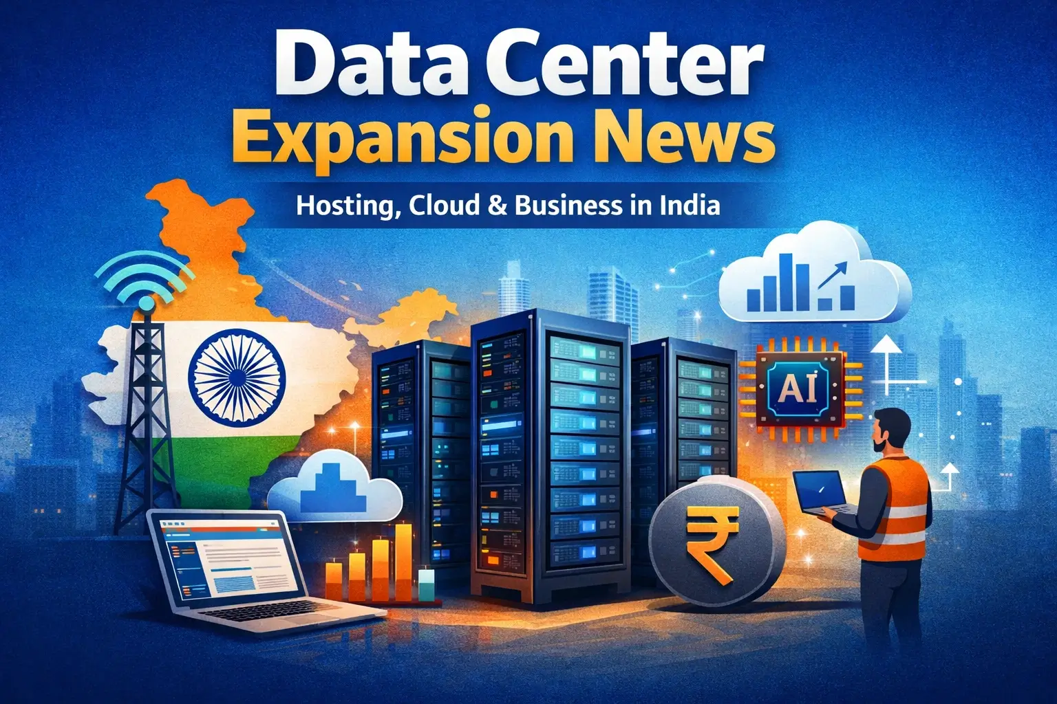 Data Center Expansion News : Illustration showing data center server racks, cloud computing icons, AI chip, 5G tower, and India map representing digital infrastructure growth.